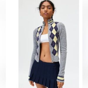 Urban outfitters bdg gray blue yellow cropped argyle zip cardigan sweater XS S